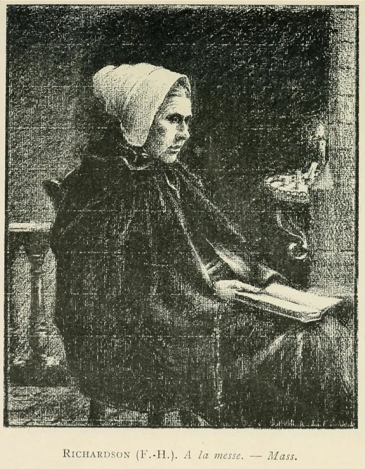 Catalogue illustration: an old woman in a white coif and cloak seated with a prayer book