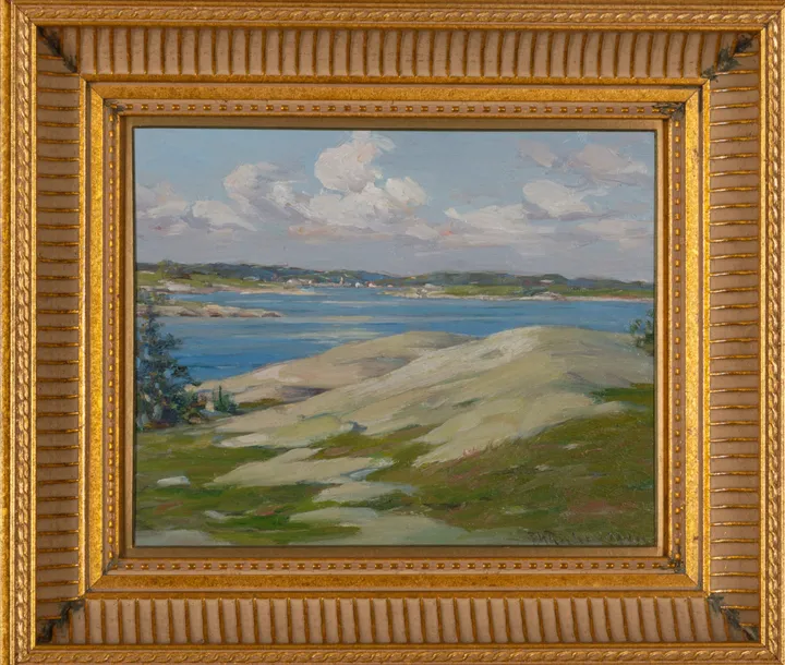 A grassy granite headland above a blue inlet, the far shore beyond