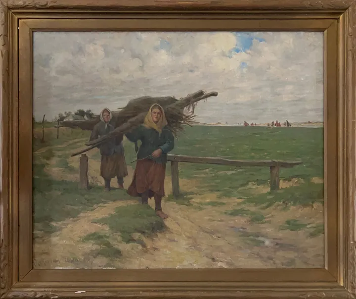 Two peasant women carry bundles of branches along a path across a wide field