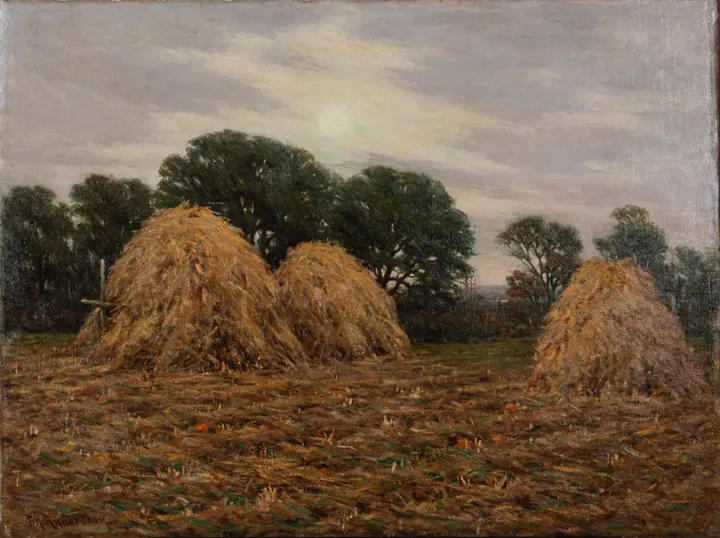 Three haystacks in a stubble field beneath trees, a pale moon in the sky