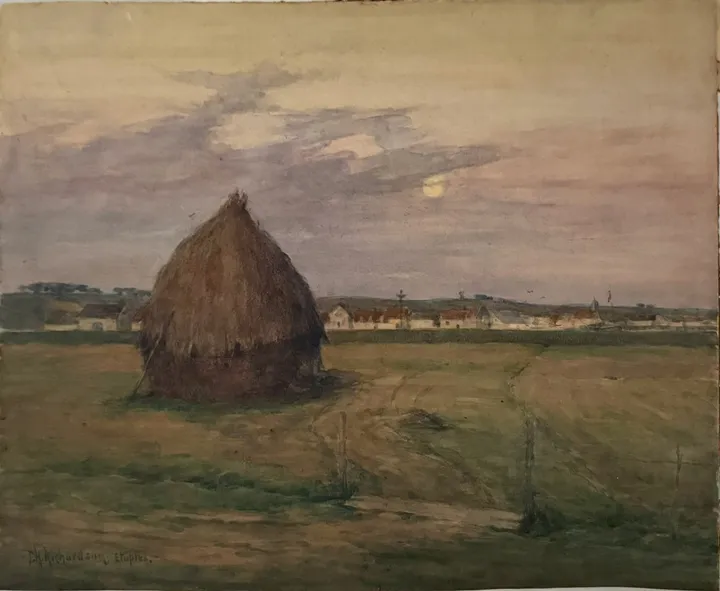 A single haystack in a field at dusk, a village on the horizon