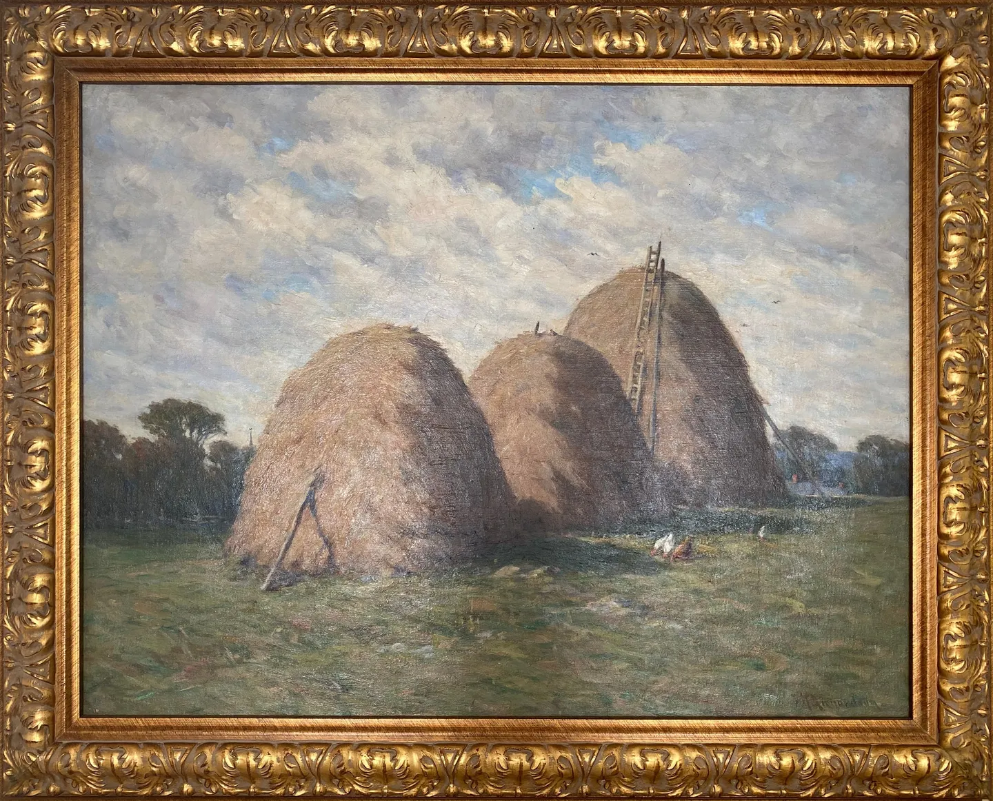 Three tall haystacks in a meadow, a ladder against one