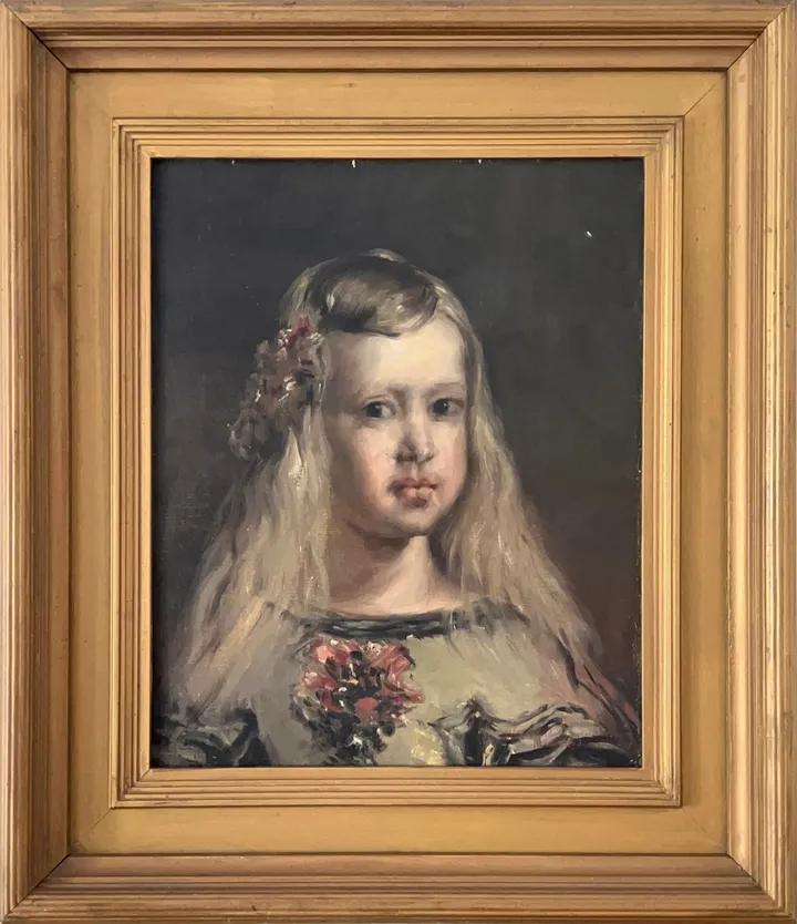 Copy after Velázquez: a young princess with long fair hair and a pink flower