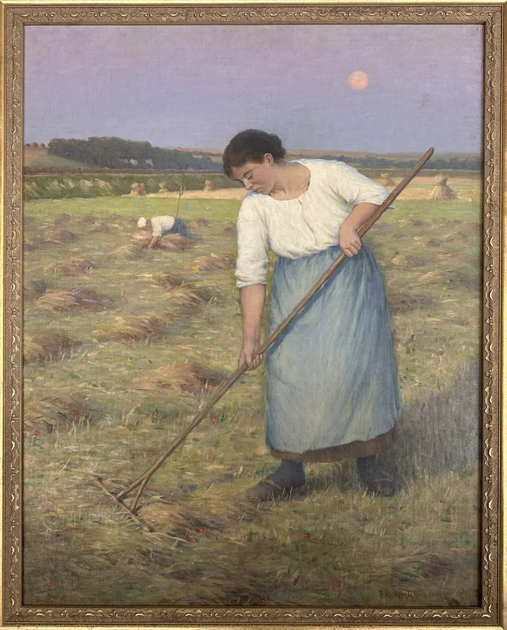 A young woman rakes hay in a field at dusk, the moon rising