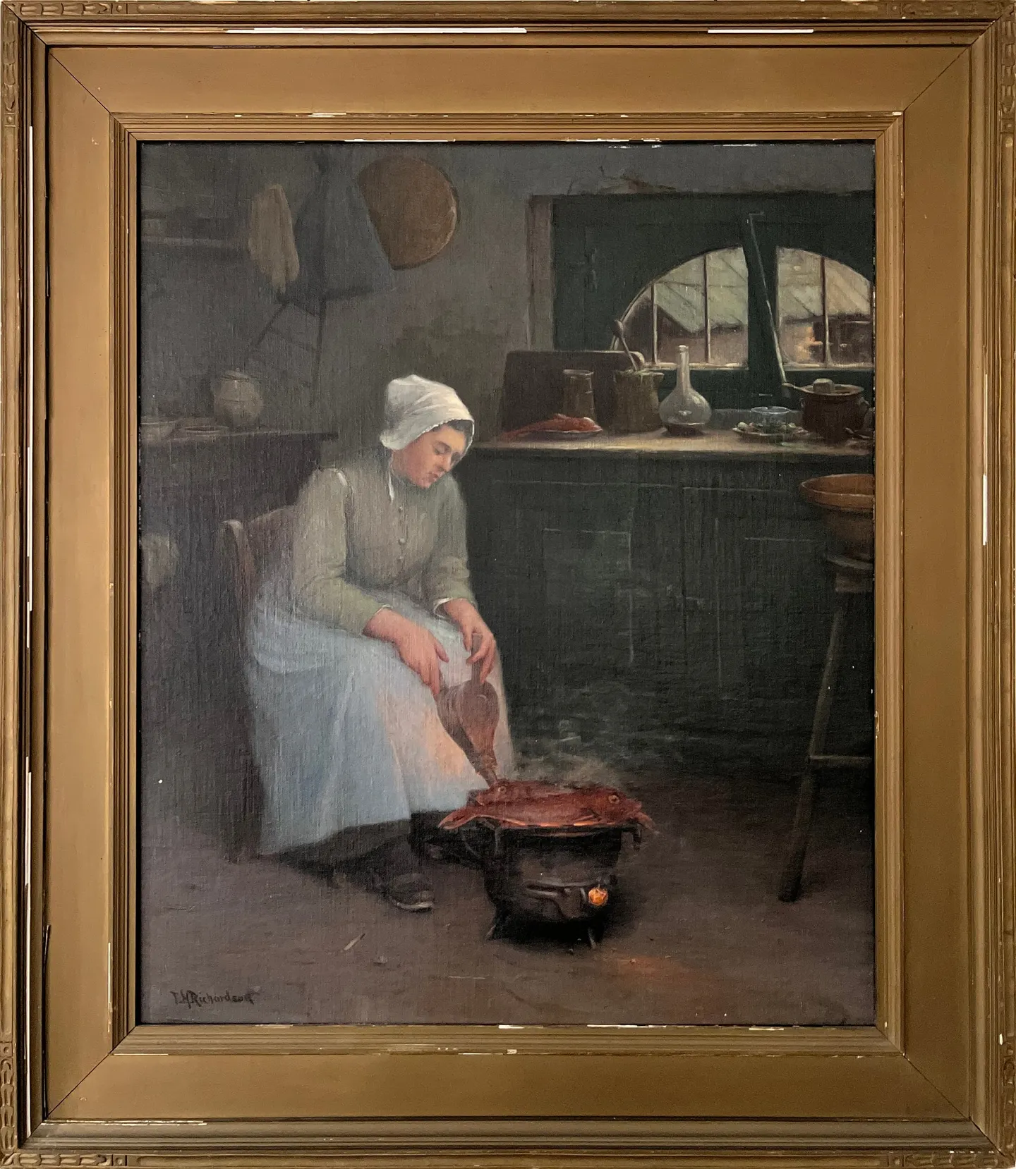 A woman in a white cap cooks red mullet over a brazier in a kitchen at Étaples