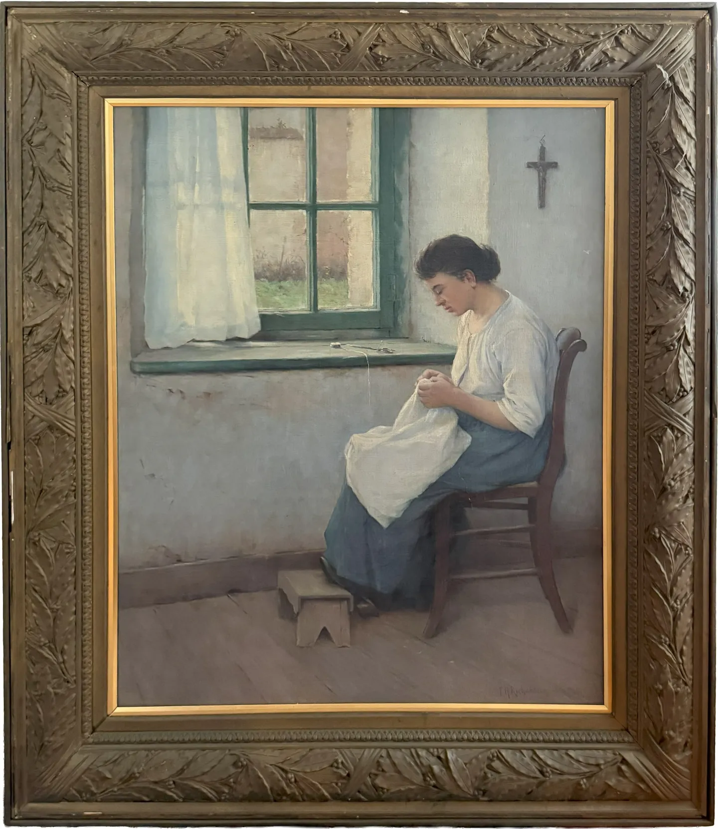 A young woman sews by a window, a crucifix on the wall