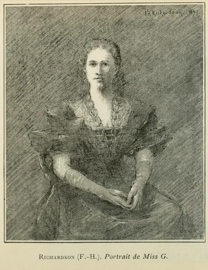Catalogue illustration: a seated young woman in a gown, hands folded