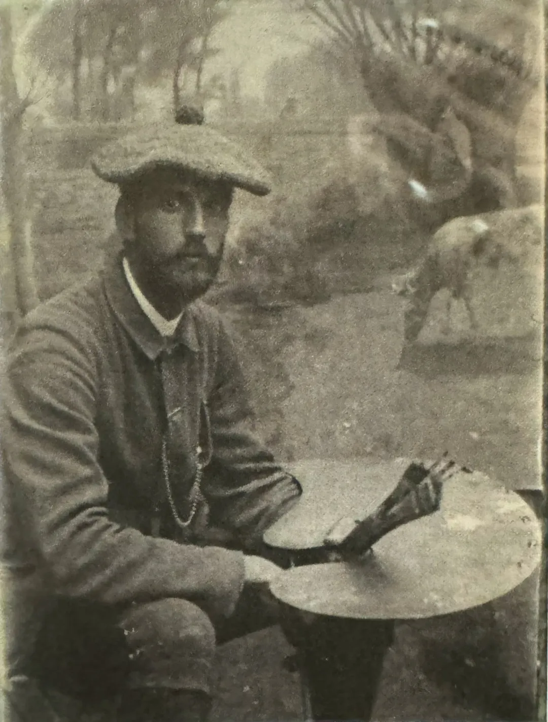 Photograph of Francis Henry Richardson in Paris, seated outdoors with his palette