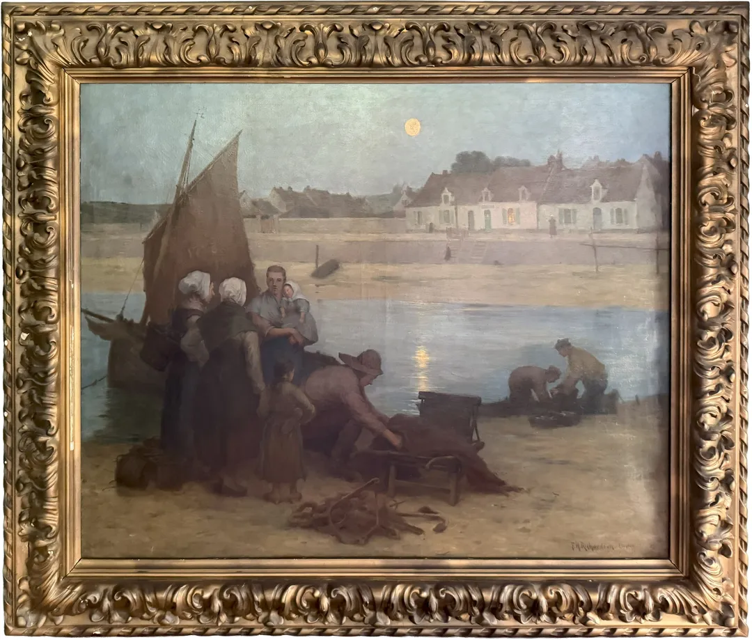 Fisherfolk unload a boat on the beach at dusk, the moon over the town