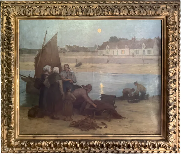 Fisherfolk unload a boat on the beach at dusk, the moon over the town