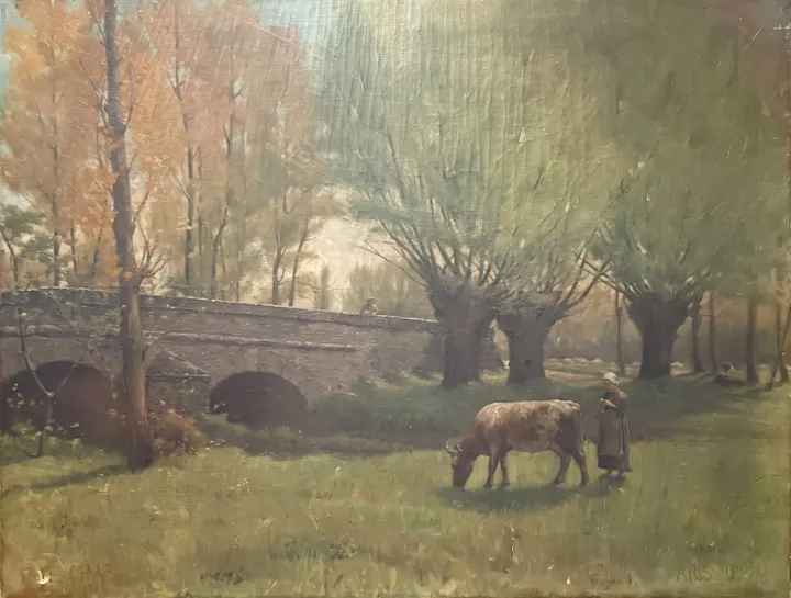 A child and a cow by pollarded willows near an old stone bridge