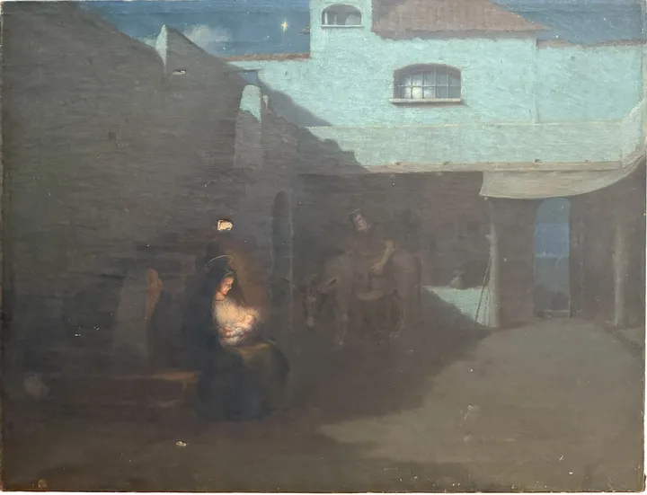 The Virgin and Child rest in a moonlit village street, Joseph and the donkey beyond