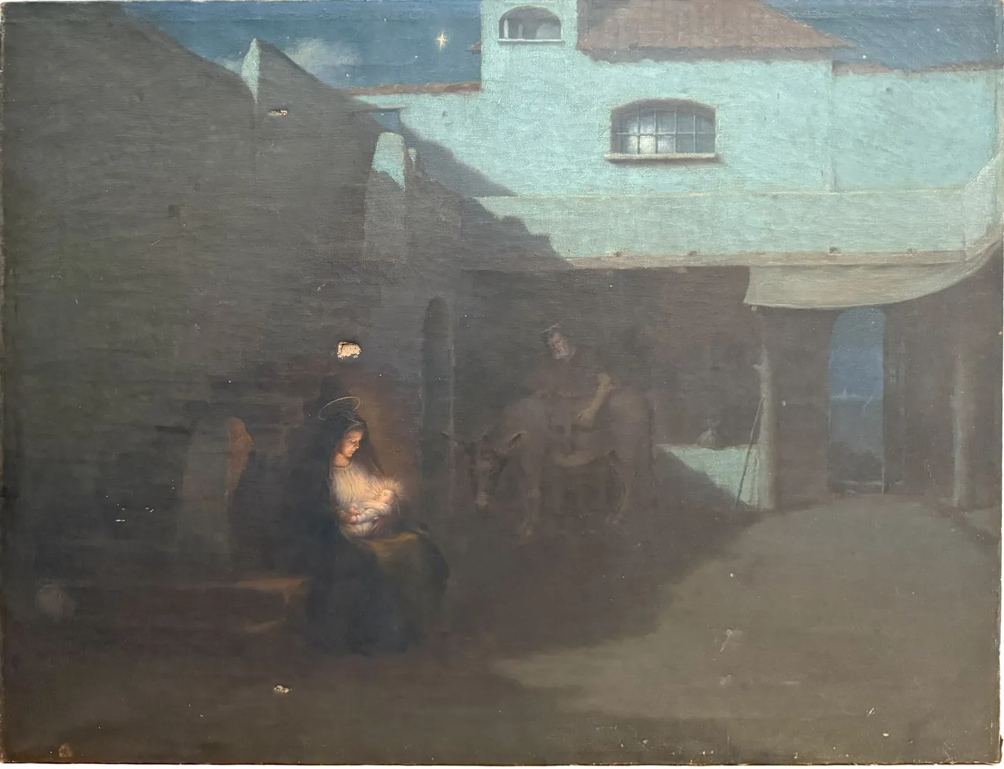 The Virgin and Child rest in a moonlit village street, Joseph and the donkey beyond