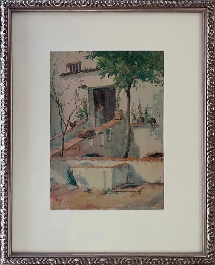 A white house with an open doorway and a figure inside, a small tree beside it
