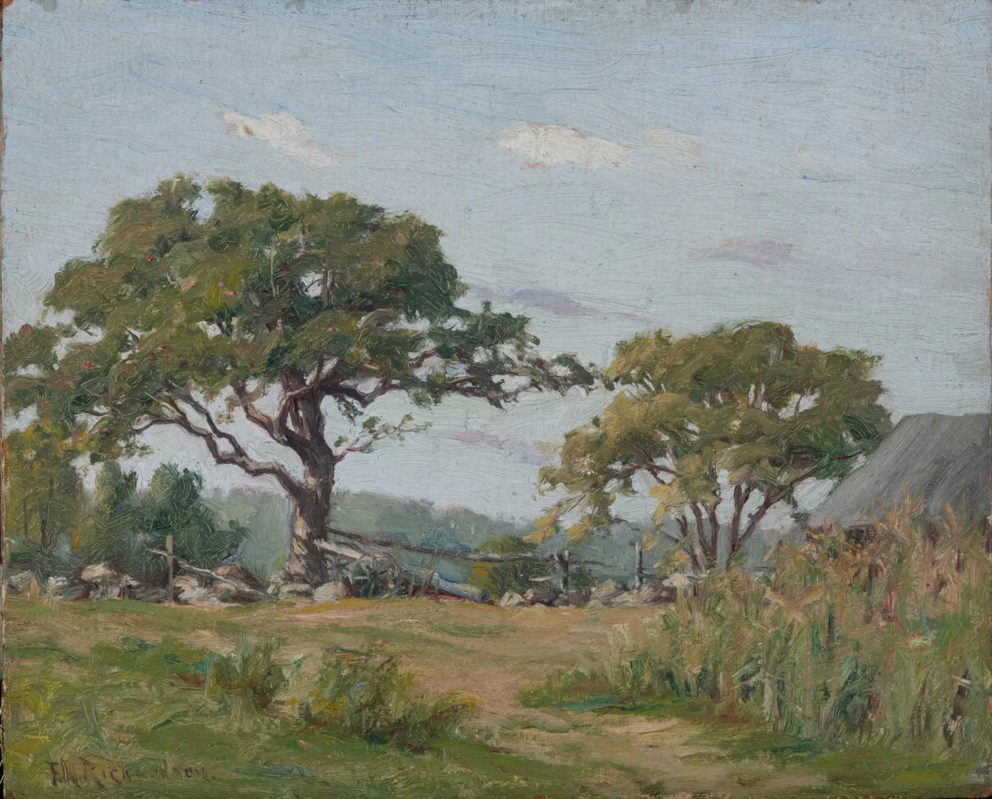 Two broad trees in a summer field with low stone walls and a barn roof